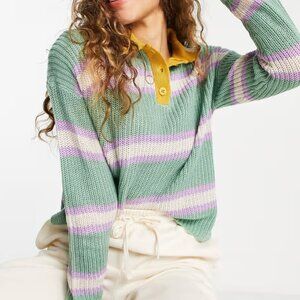 Only Green Striped Knit Sweater with Yellow Collar
